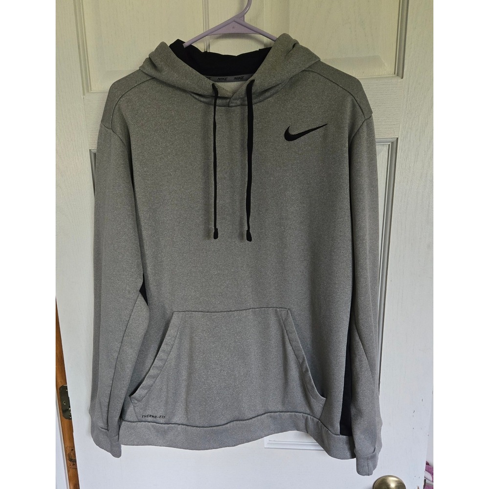 Nike Mens Therma-FIT Pullover Hoodie Grey Black Fleece Sweatshirt 650733-063 XL